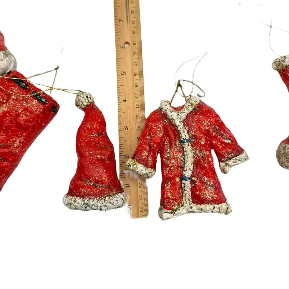Set of 5 Santa Clothes Christmas Ornaments Red White Resin‎ Light Glitter EUC